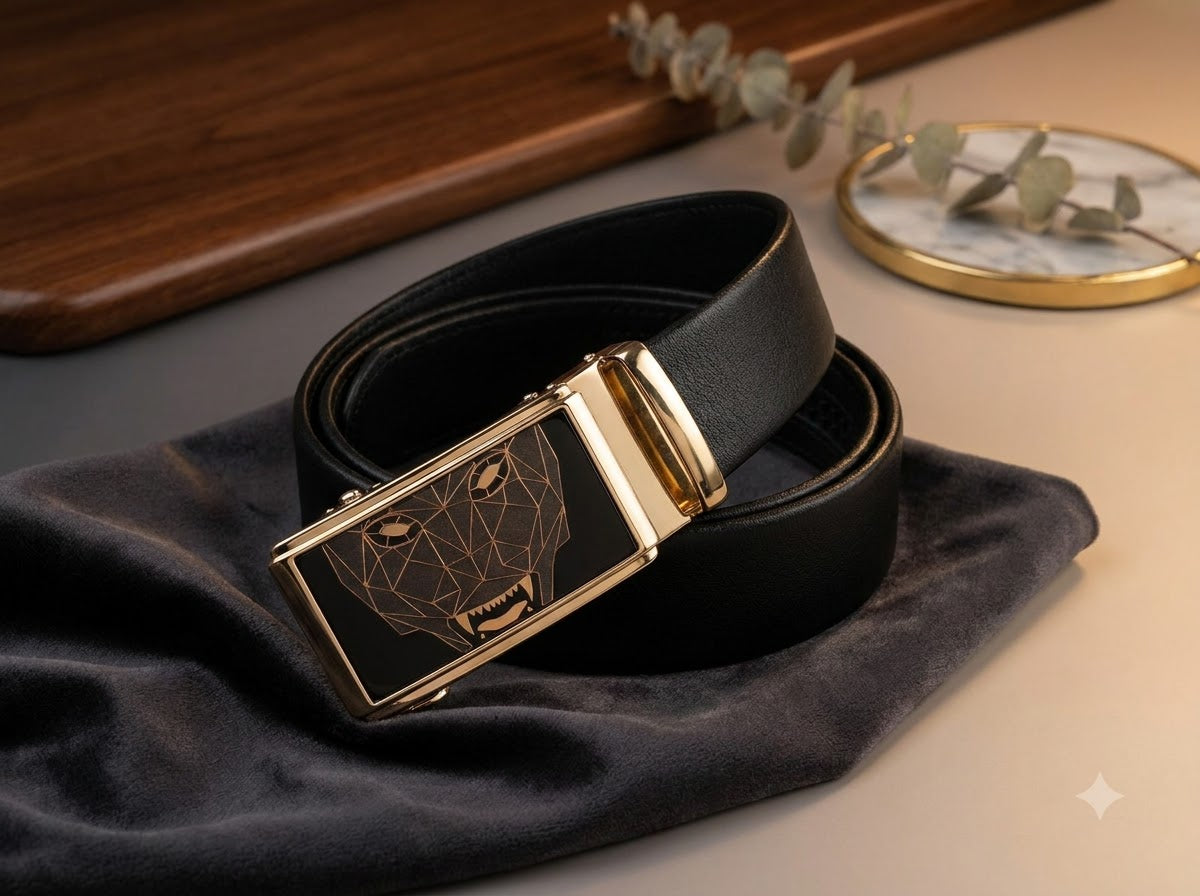 Men’s Premium Black Belt with Luxury Lion Buckle