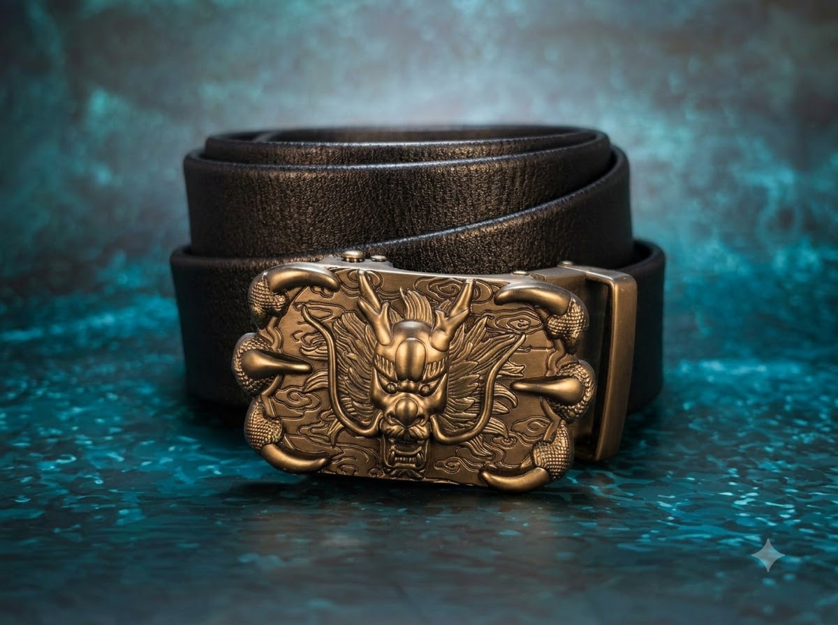 Premium Black Leather Belt featuring an intricately designed Dragon Buckle