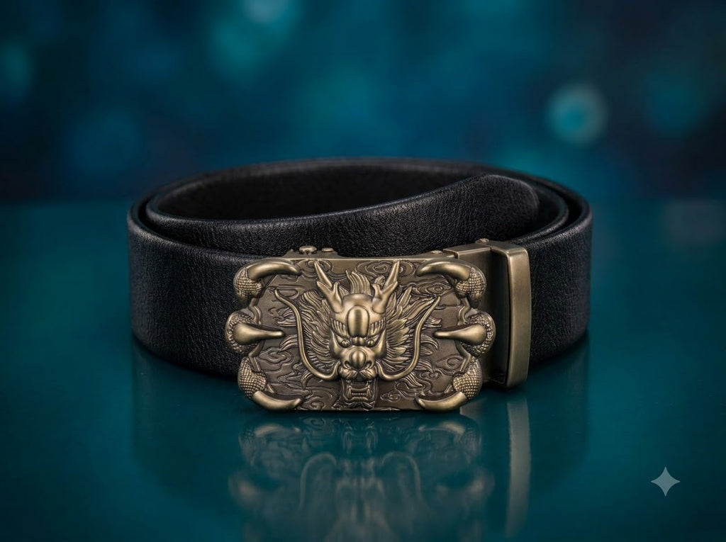 Premium Black Leather Belt featuring an intricately designed Dragon Buckle