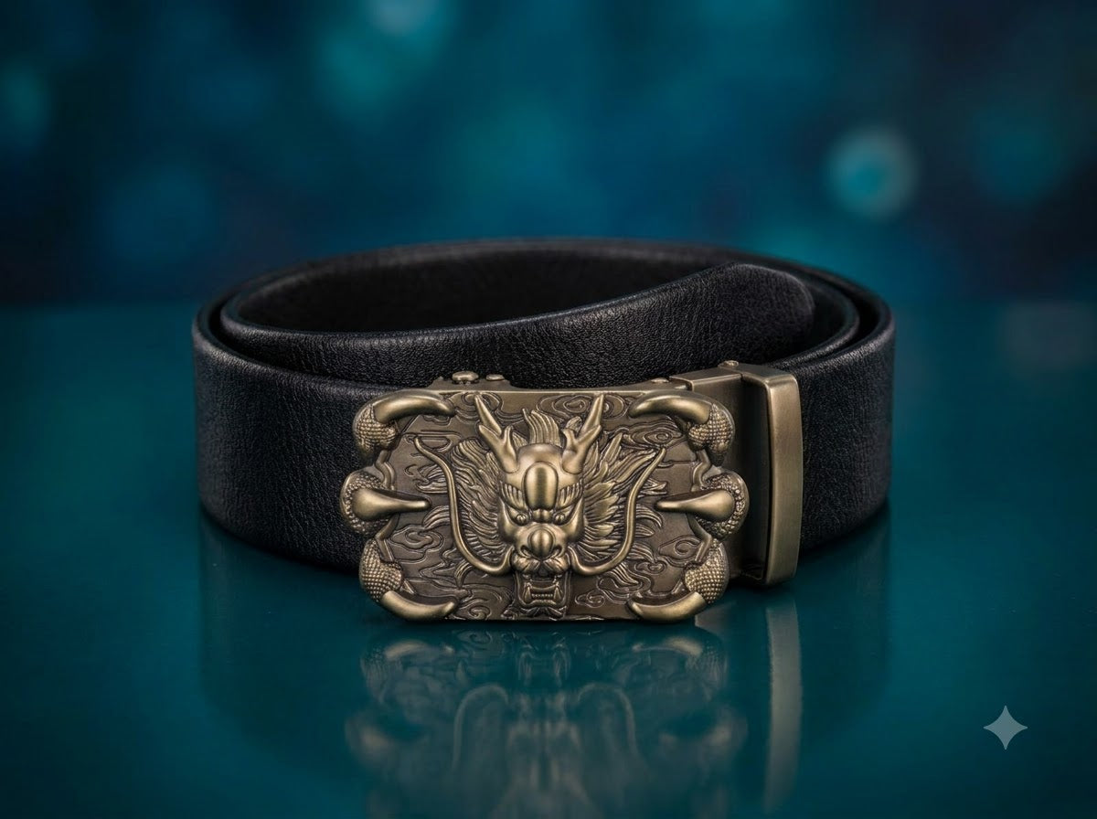 Premium Black Leather Belt featuring an intricately designed Dragon Buckle