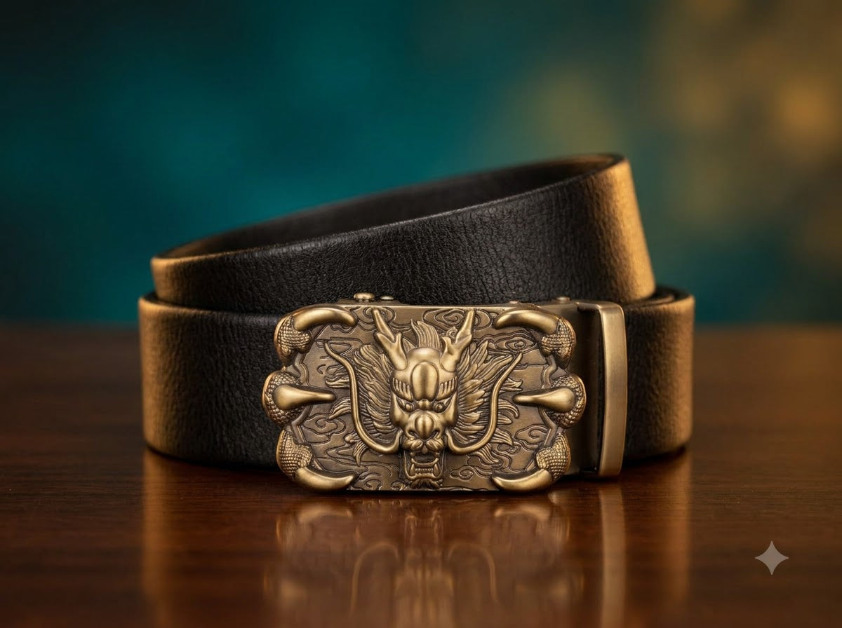 Premium Black Leather Belt featuring an intricately designed Dragon Buckle
