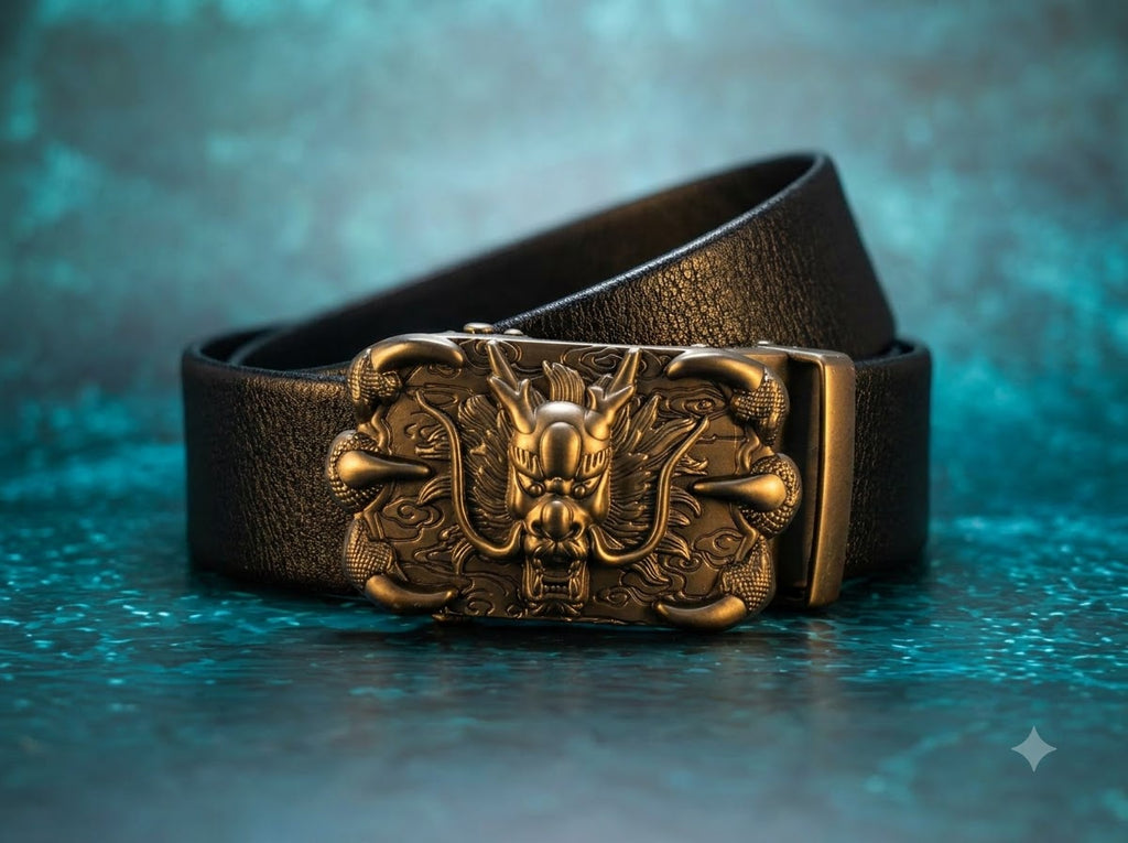 Premium Black Leather Belt featuring an intricately designed Dragon Buckle