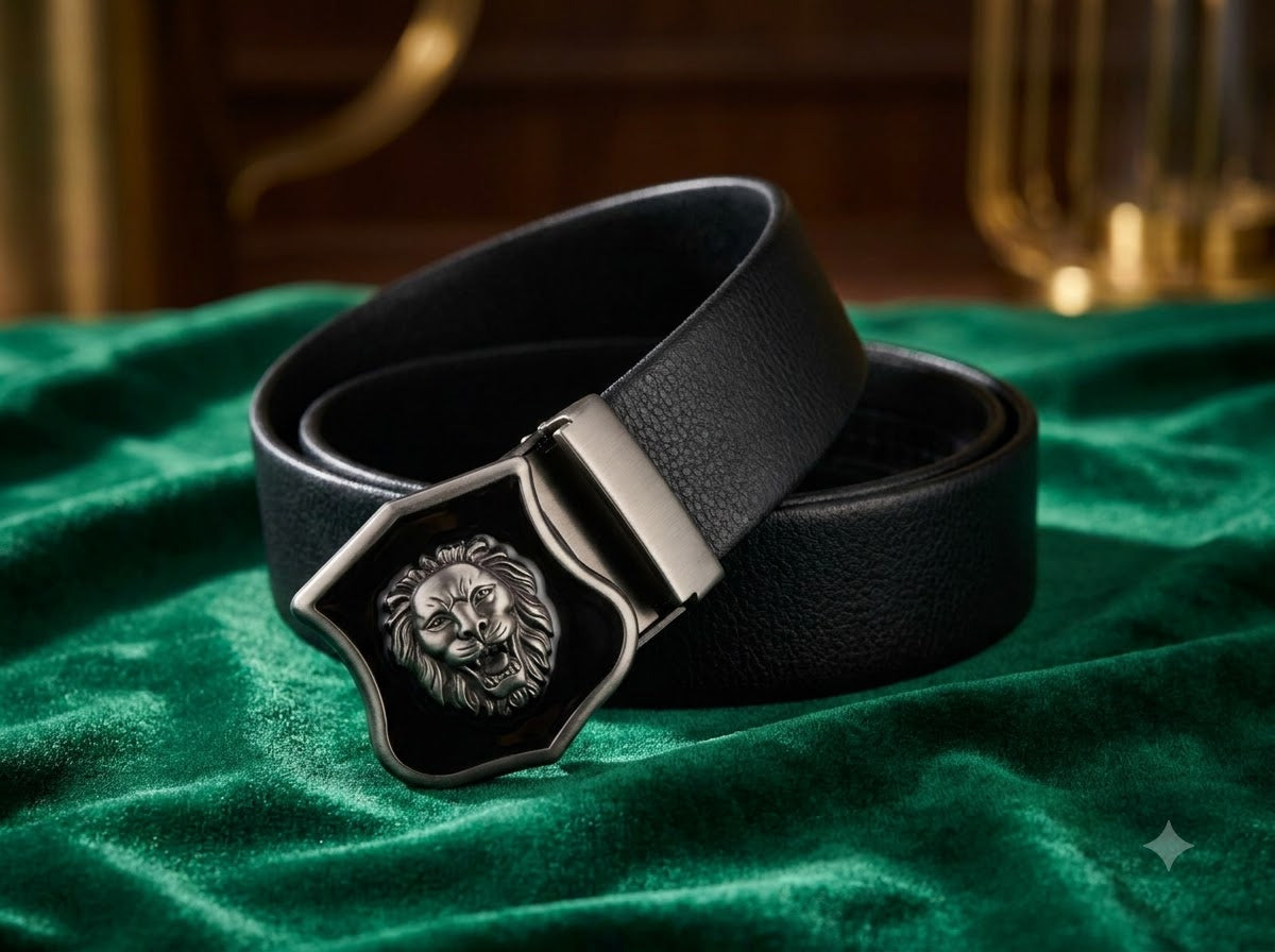 Premium Black Leather Belt featuring a striking Lion Emblem Buckle