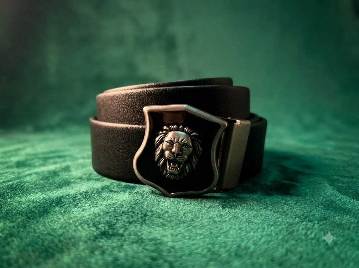 Premium Black Leather Belt featuring a striking Lion Emblem Buckle