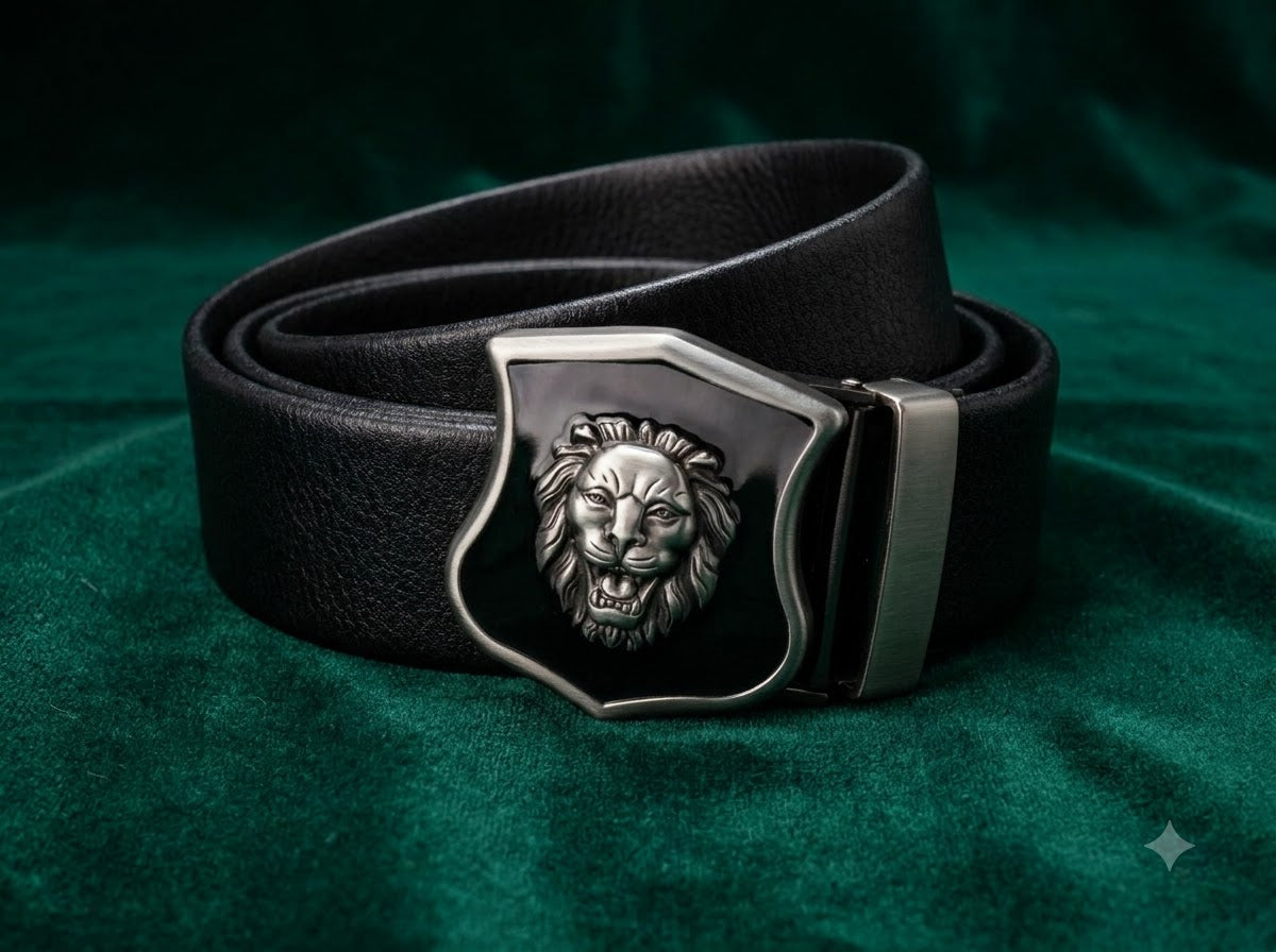 Premium Black Leather Belt featuring a striking Lion Emblem Buckle