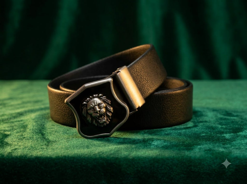 Premium Black Leather Belt featuring a striking Lion Emblem Buckle