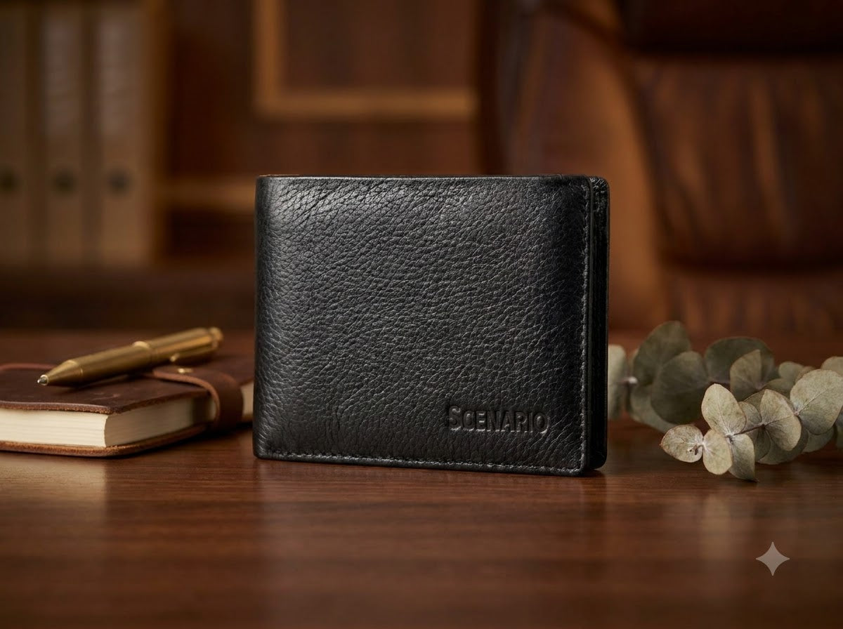 SCENARIO Men’s Black Leather Bifold Wallet