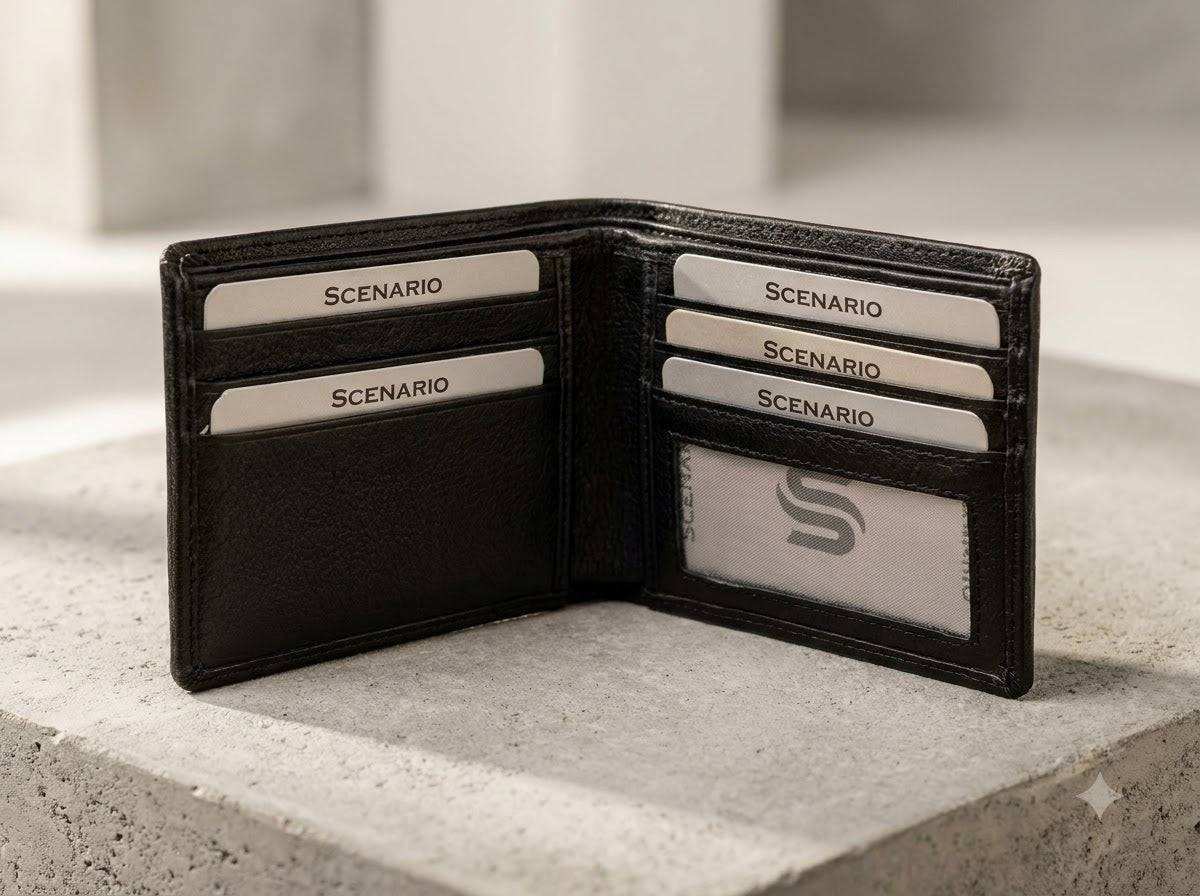 SCENARIO Men’s Black Leather Bifold Wallet